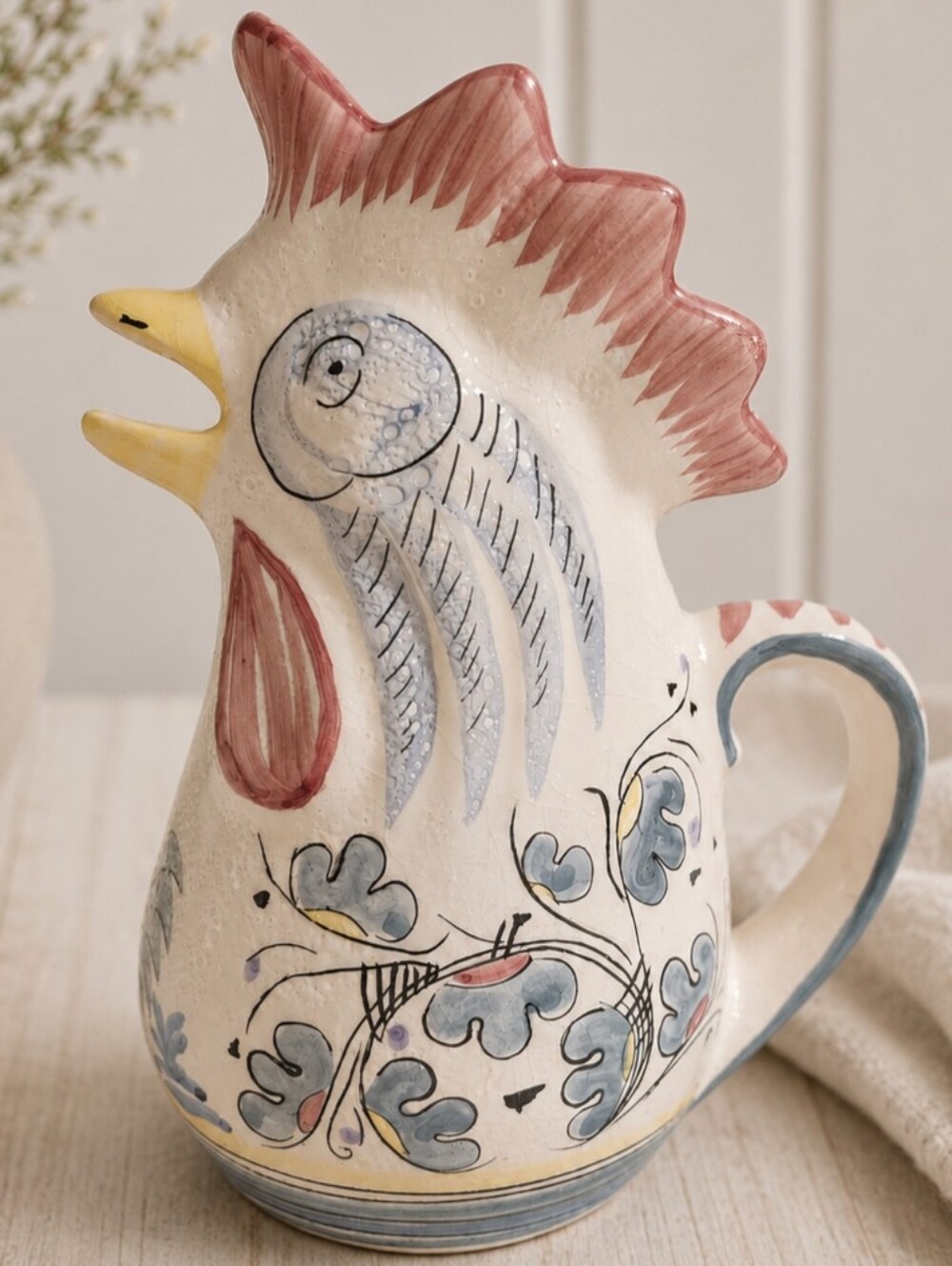 Vintage Hand Painted Rooster Chicken Pitcher Deruta-style Majolica-style 9" Tall